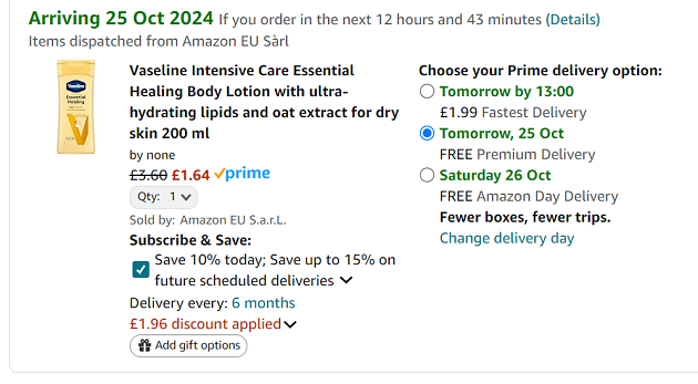 Screenshot showing Vaseline Intensive Care Essential Healing Body Lotion 200ml for £1.64 at Amazon