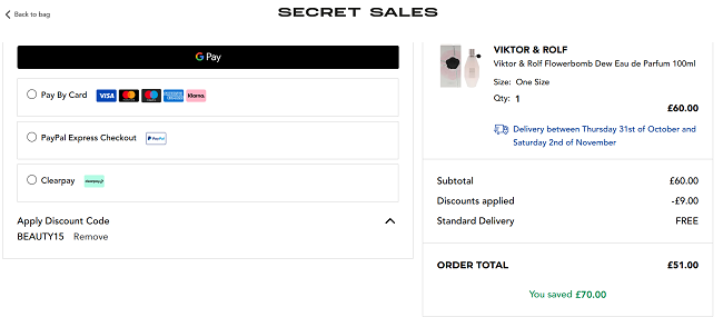Screenshot showing Viktor & Rolf Flowerbomb Dew Eau de Parfum 100ml for £51 with code at Secret Sales