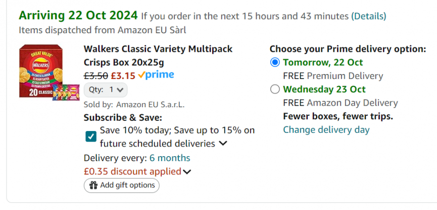 Screenshot showing Walkers Classic Variety Multipack Crisps Box 20 x 25g for £3.15 at Amazon