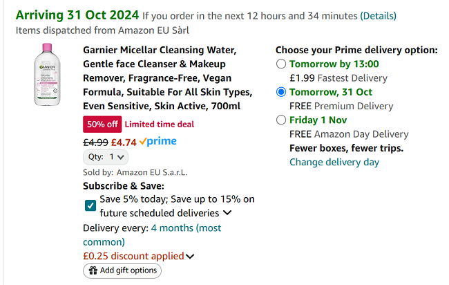 Screenshot showing Garnier Micellar Cleansing Water 700ml for £4.74 at Amazon