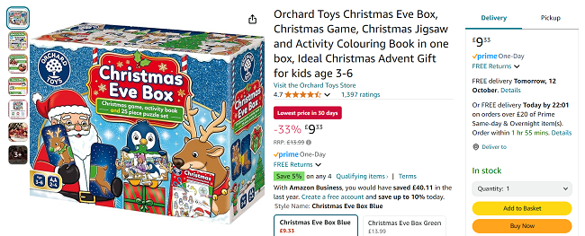 Screenshot showing Orchard Toys Christmas Eve Box for £9.33 at Amazon