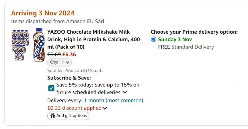 Screenshot showing Pack Of 10 Yazoo Milkshake Drink 400ml for £6.36 at Amazon