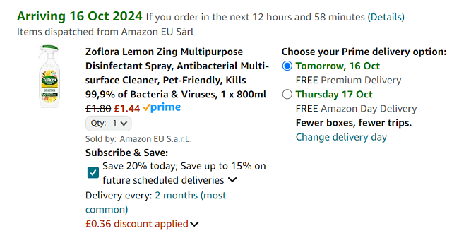 Screenshot showing Zoflora Lemon Zing Multipurpose Disinfectant Spray 800ml for £1.44 at Amazon