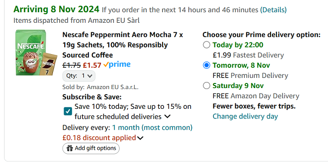 Screenshot showing Nescafe Peppermint Aero Mocha 7 x 19g Sachets for £1.57 at Amazon