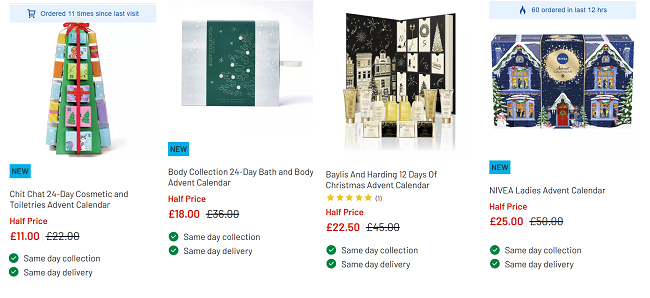 Screenshot showing reduced Advent Calendars at Argos