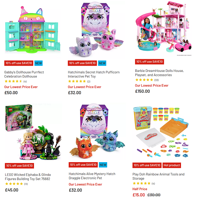 Screenshot showing Extra 10% Off Selected Toys with code offer at Argos