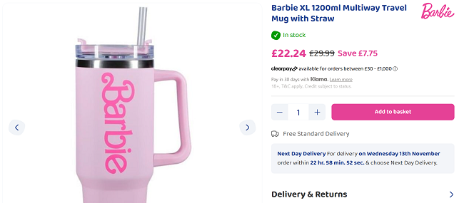 Screenshot showing Barbie XL 1200ml Multiway Travel Mug with Straw for £22.24 at Bargain Max