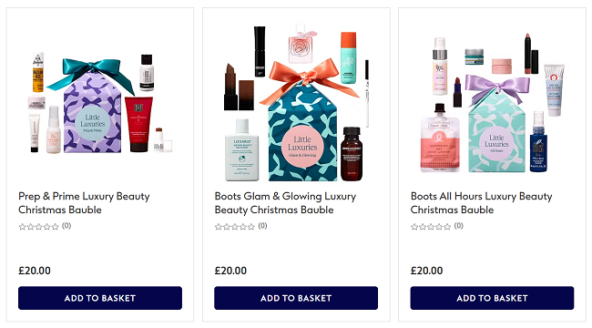Screenshot showing Luxury Christmas Beauty Baubles at Boots