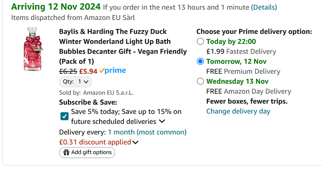 Screenshot showing Baylis & Harding The Fuzzy Duck Winter Wonderland Light Up Bath Bubbles Decanter Gift for £5.94 at Amazon