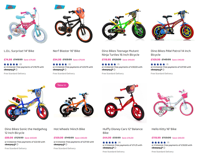 Screenshot showing reduced kids bikes at Bargain Max