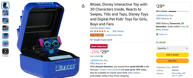 Screenshot showing Disney Bitzee Interactive Pet for £29.98 at Amazon