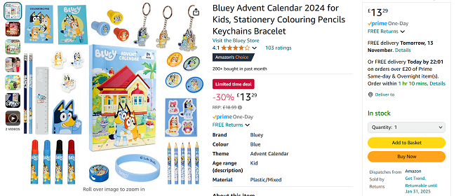 Screenshot showing Bluey Stationery Advent Calendar for £13.29 at Amazon / Get Trend