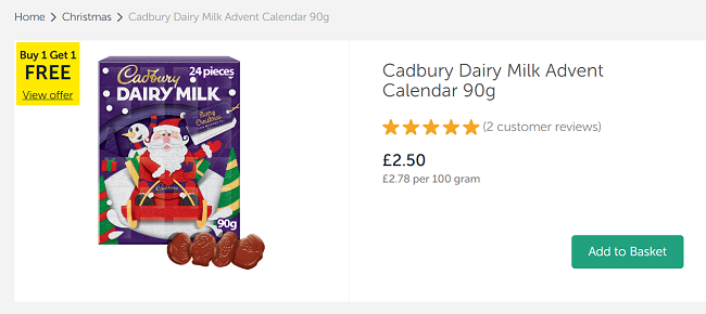 Screenshot showing Buy One Get One Free Cadbury Dairy Milk Advent Calendar 90g at Iceland