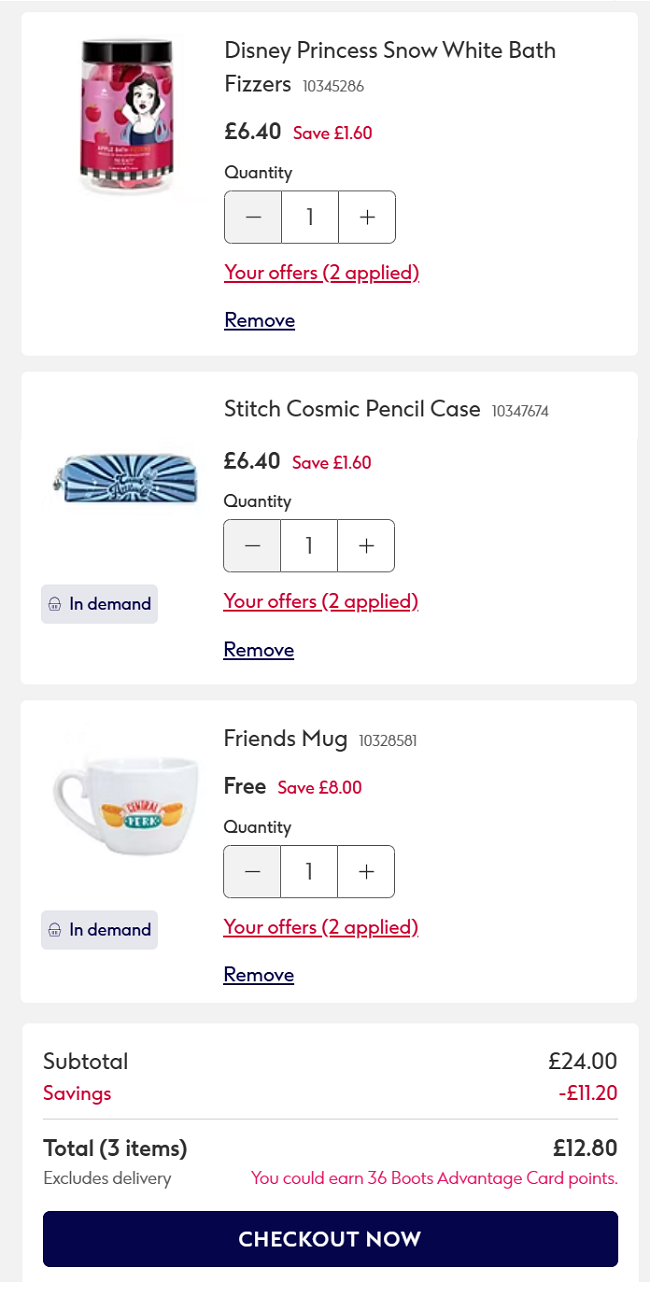 Screenshot showing 20% Off + 3 for 2 gifts offer at Boots