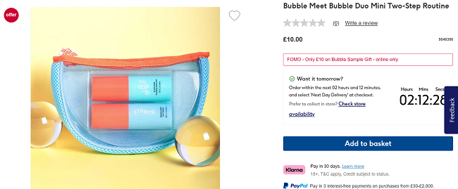 Screenshot showing Bubble Meet Bubble Duo Mini Two-Step Routine for £10 at Boots