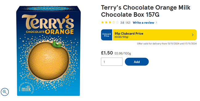 Screenshot showing Terry's Chocolate Orange Milk Chocolate Box 157G for 95p at Tesco