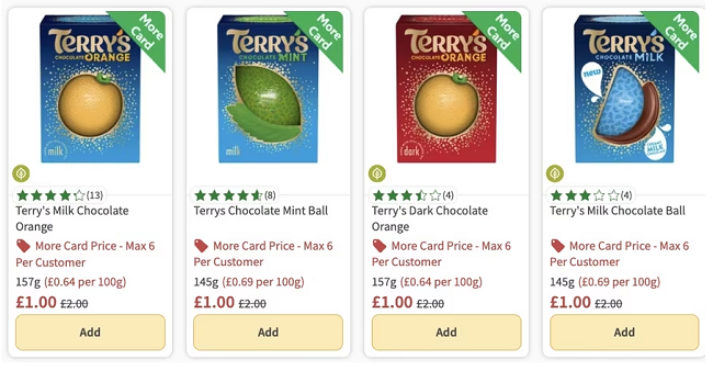 Screenshot showing Terry's Chocolate Orange with More Card at Morrisons