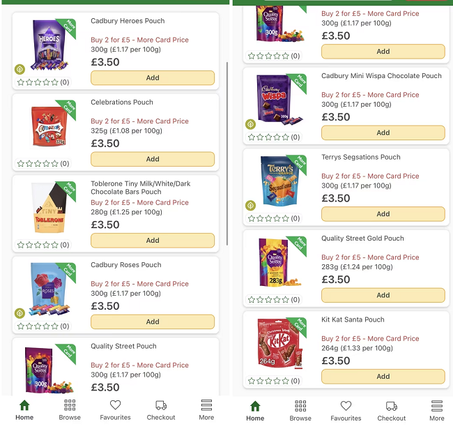 Screenshot showing 2 for £5 offer on chocolate pouches with More Card at Morrisons