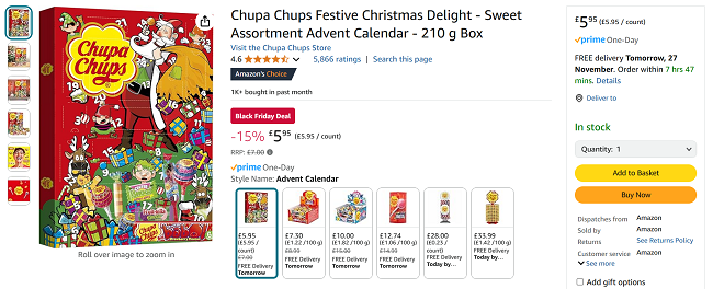 Screenshot showing Chupa Chups Advent Calendar for £5.95 at Amazon