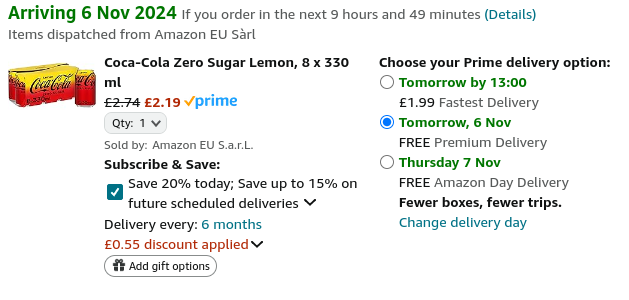 Screenshot showing Coca-Cola Zero Sugar Lemon, 8 x 330ml for £2.19 at Amazon