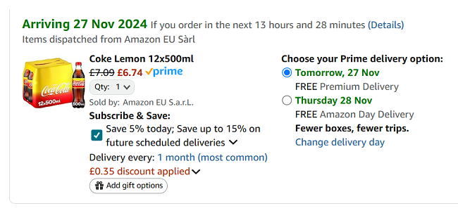 Screenshot showing Coke Lemon 12 x 500ml Bottles for £6.74 at Amazon