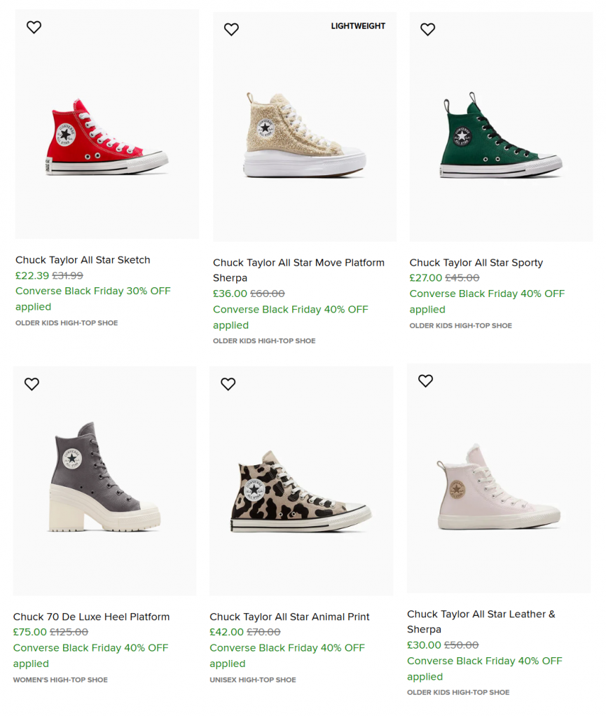 Screenshot showing Black Friday deals on shoes at Converse