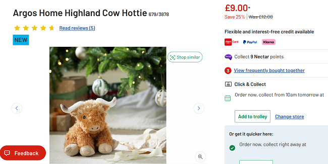 Screenshot showing Argos Home Highland Cow Hottie for £9 at Argos