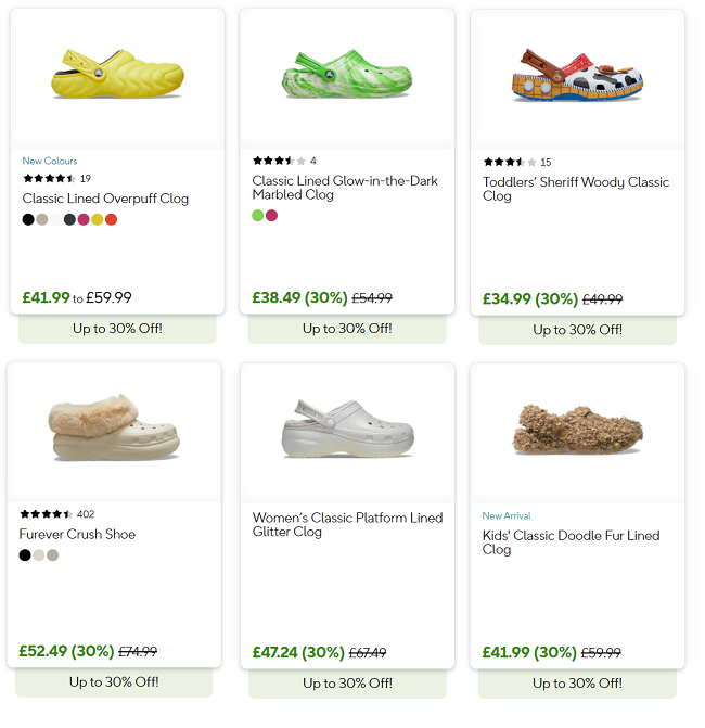 Screenshot showing Singles Day Sale Up To 30% Off at Crocs
