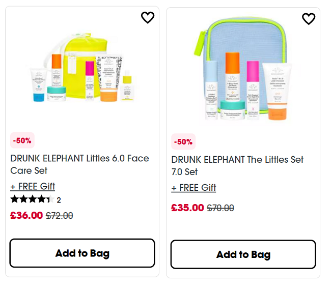 Screenshot showing Drunk Elephant half price gift sets at Sephora