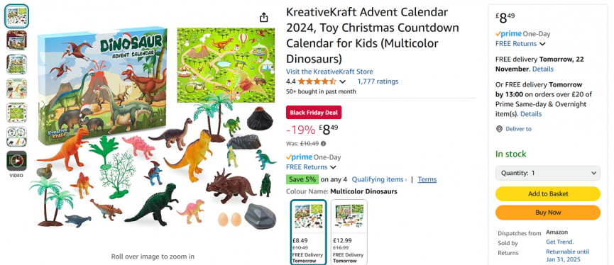 Screenshot showing KreativeKraft Dinosaur Advent Calendar for £8.49 at Amazon / Get Trend