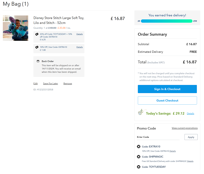 Screenshot showing Disney Large Soft Toy for now £16.87 delivered with codes at Disney Store