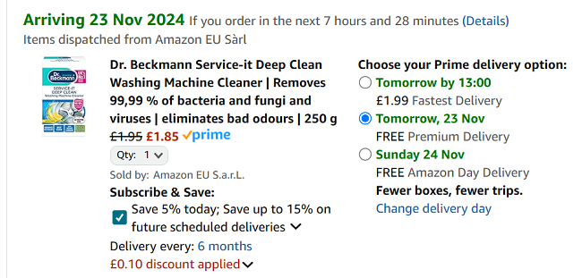 Screenshot showing Dr. Beckmann Service-it Deep Clean Washing Machine Cleaner for £1.85 at Amazon
