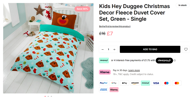 Screenshot showing Hey Duggee Christmas Fleece Single Duvet Cover Set for £7 at Online Home Shop