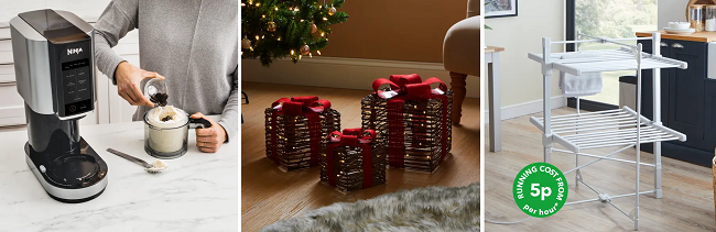 Ninja Ice Cream Maker, Light-Up Rattan Christmas Present Decorations and Heated Airer all from Dunelm