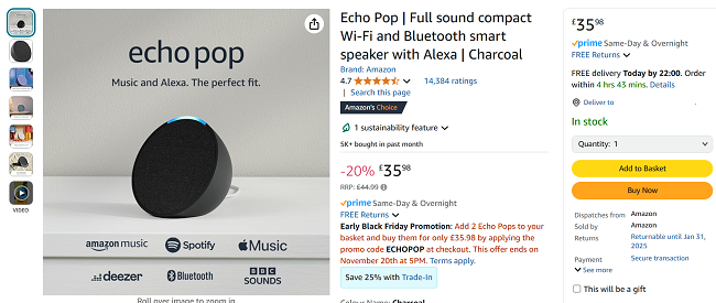 Screenshot showing 2 for 1 Echo Pop offer at Amazon