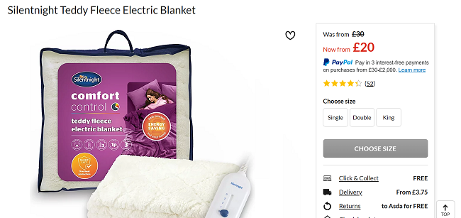 Screenshot showing Silentnight Teddy Fleece Electric Blanket from £20 at Asda George
