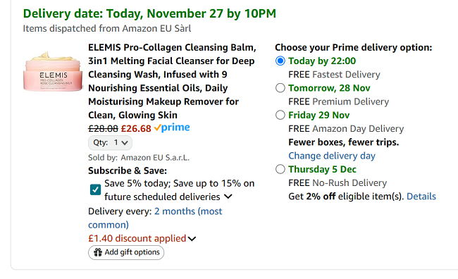 Screenshot showing ELEMIS Pro-Collagen Rose Cleansing Balm 100g for £26.68 at Amazon