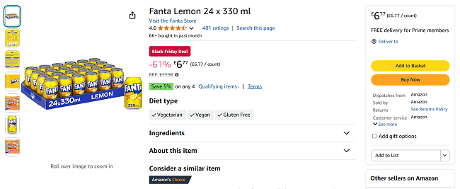 Screenshot showing Fanta Lemon 24 x 330 ml for £6.77 at Amazon