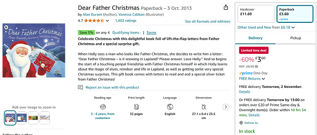 Screenshot showing Dear Father Christmas Book for £3.60 at Amazon
