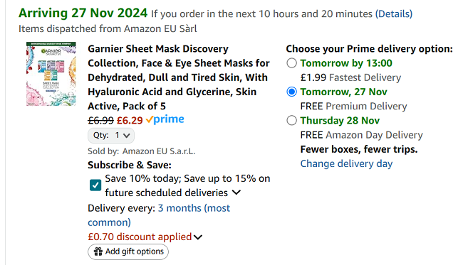Screenshot showing Garnier Sheet Mask Discovery Collection for £6.29 at Amazon