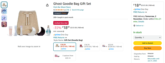 Screenshot showing Ghost Gift Set at Amazon