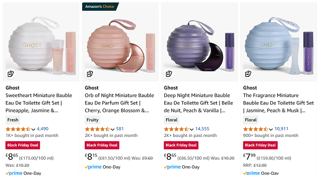 Screenshot showing Ghost Miniature Bauble Eau De Parfum Gift Sets at Amazon