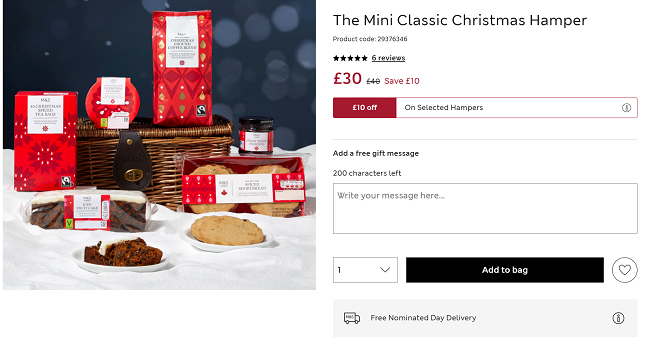 Screenshot showing The Mini Classic Christmas Hamper for £30 with free nominated day delivery at Marks and Spencer