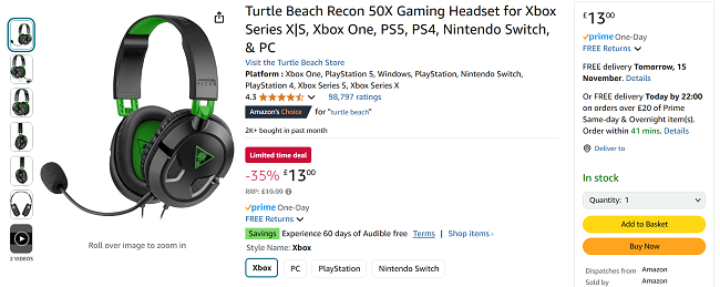 Screenshot showing Turtle Beach Recon 50X Gaming Headset for £13 at Amazon