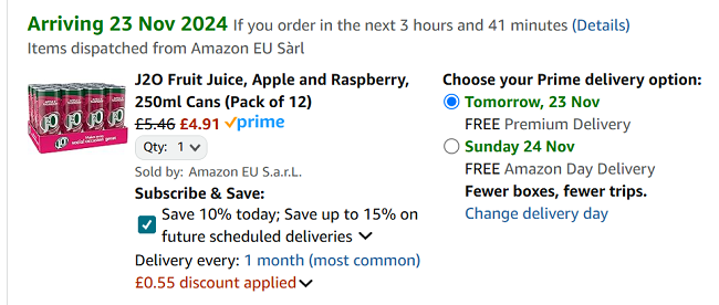 Screenshot showing J2O Fruit Juice Apple & Raspberry 250ml Cans Pack of 12 for £4.91 at Amazon