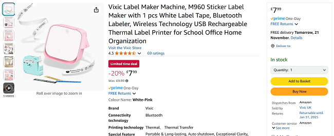 Screenshot showing Vixic Label Maker Machine for £7.99 at Amazon / Vivic UK