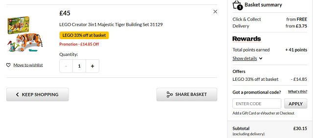 Screenshot showing 33% off LEGO in basket at Asda George