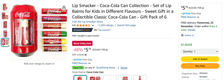 Screenshot showing Lip Smacker Coca-Cola Can Collection for £5.76 at Amazon