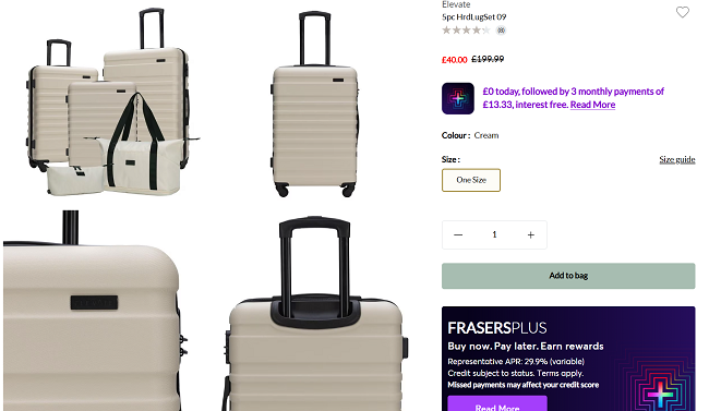 Screenshot showing Elevate 5 Piece Hard Luggage Set for £40 at Frasers