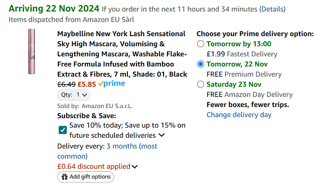 Screenshot showing Maybelline New York Lash Sensational Sky High Mascara for £5.85 at Amazon